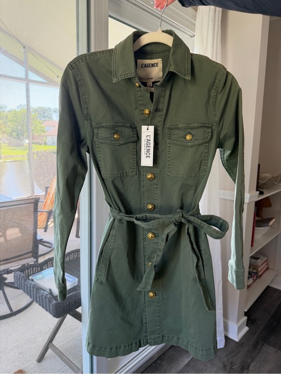 L'AGENCE Dresses & Skirts - L'AGENCE Olive Green Utility Shirt Dress / Jacket with Belt and Gold Buttons